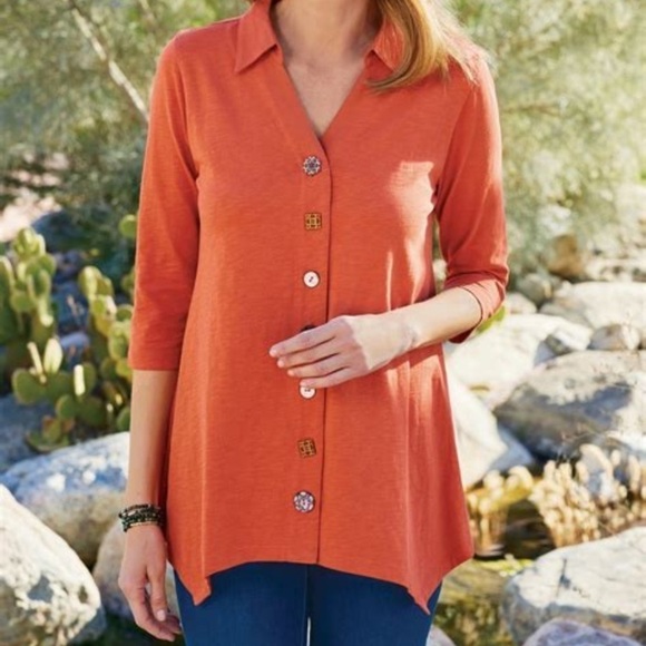 Soft Surroundings Womens Small Orange Danielle Funky Button Sharkbite Tunic Top - Picture 1 of 11